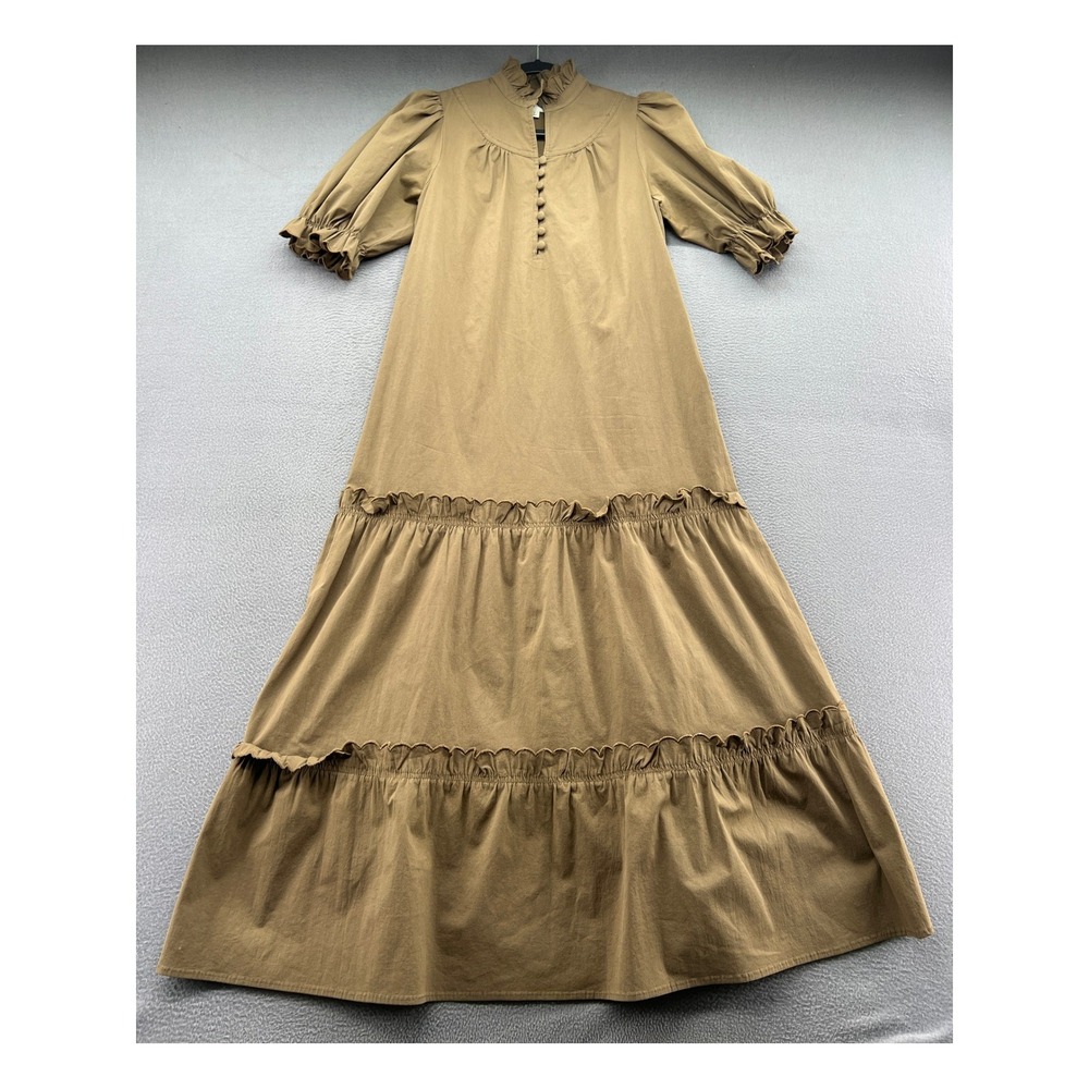 Pomander Place Dress Brown Tiered Cotton Blend Maxi Puff Sleeve Ruffle Neck Sz S